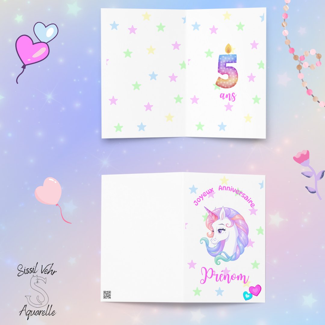 Carte Anniversaire Enfant Licorne Personnalisée - Enveloppe Fournie - 3 Tailles Disponibles - Sissil Vehr Aquarelle