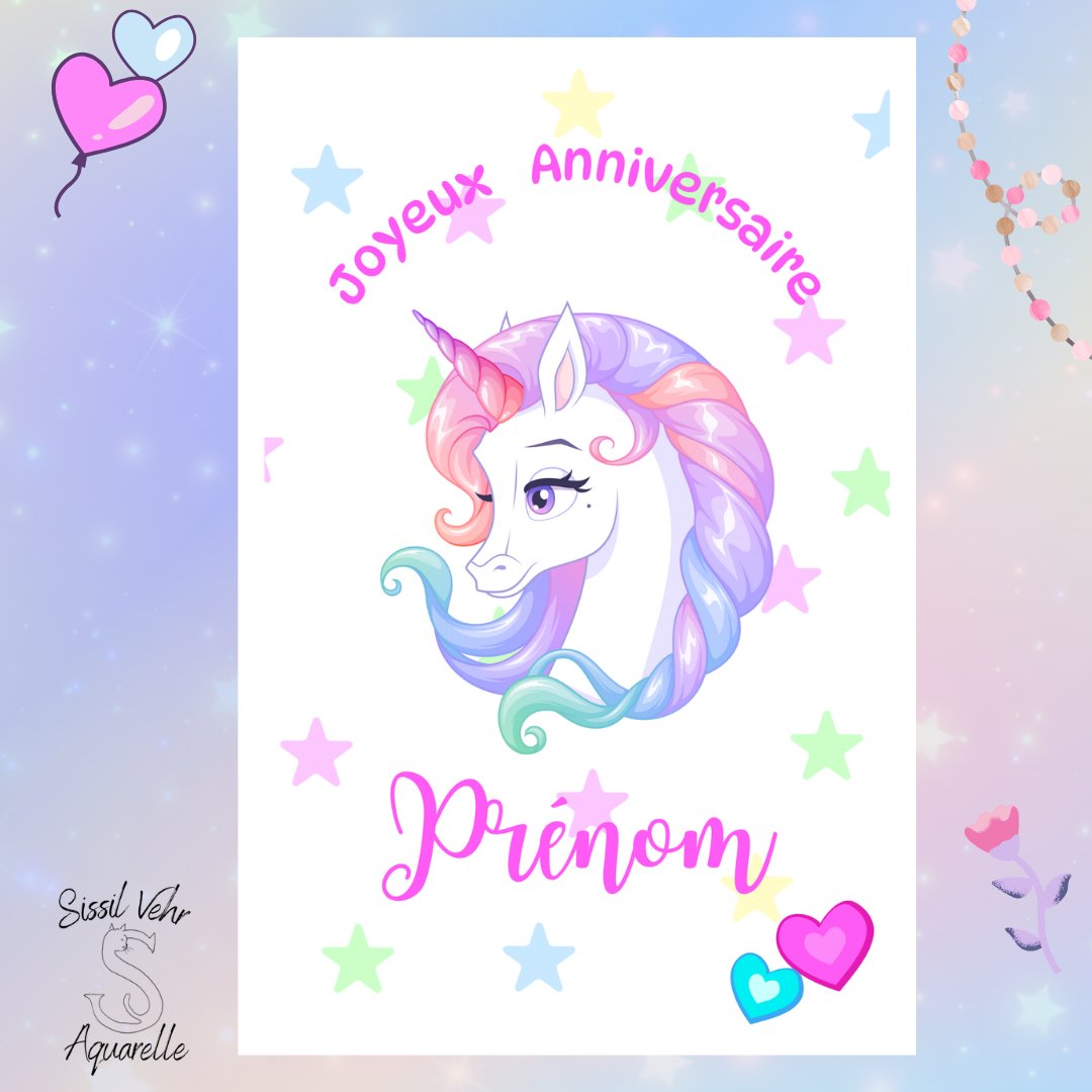 Carte Anniversaire Enfant Licorne Personnalisée - Enveloppe Fournie - 3 Tailles Disponibles - Sissil Vehr Aquarelle