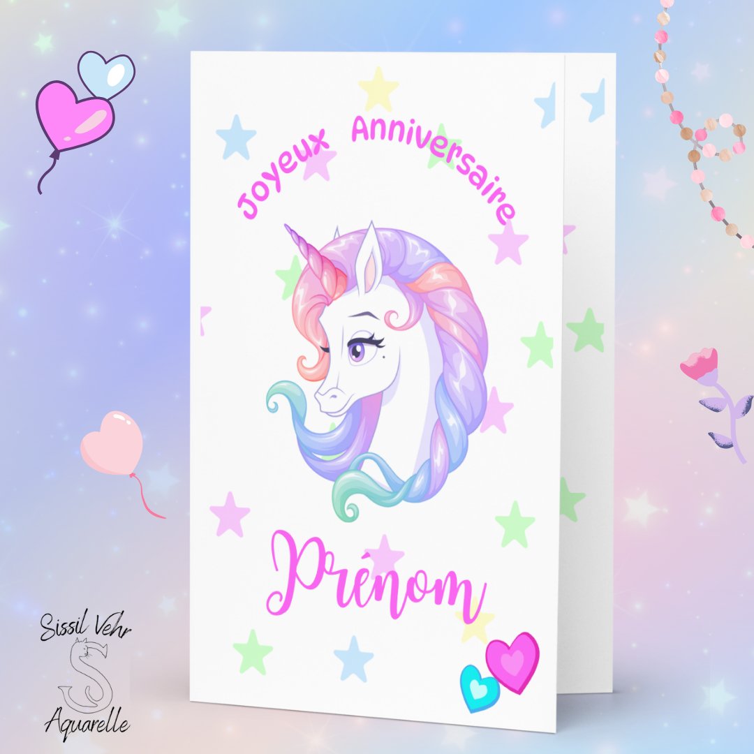 Carte Anniversaire Enfant Licorne Personnalisée - Enveloppe Fournie - 3 Tailles Disponibles - Sissil Vehr Aquarelle