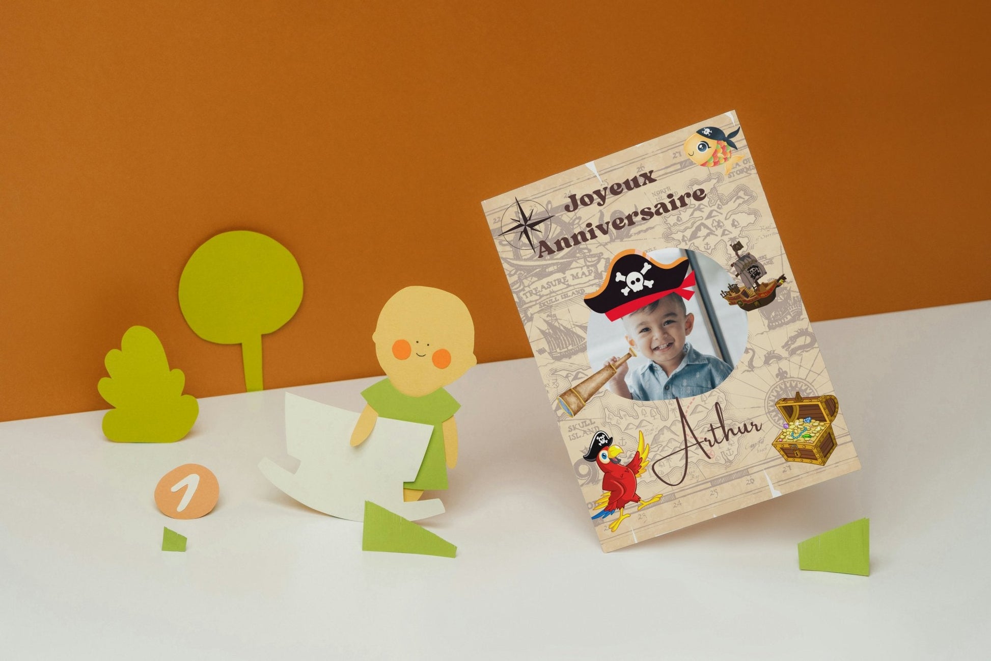 Carte anniversaire pirate - Personnalisable avec texte et photo - Enveloppe incluse - Disponible en 2 tailles - Sissil Vehr Aquarelle