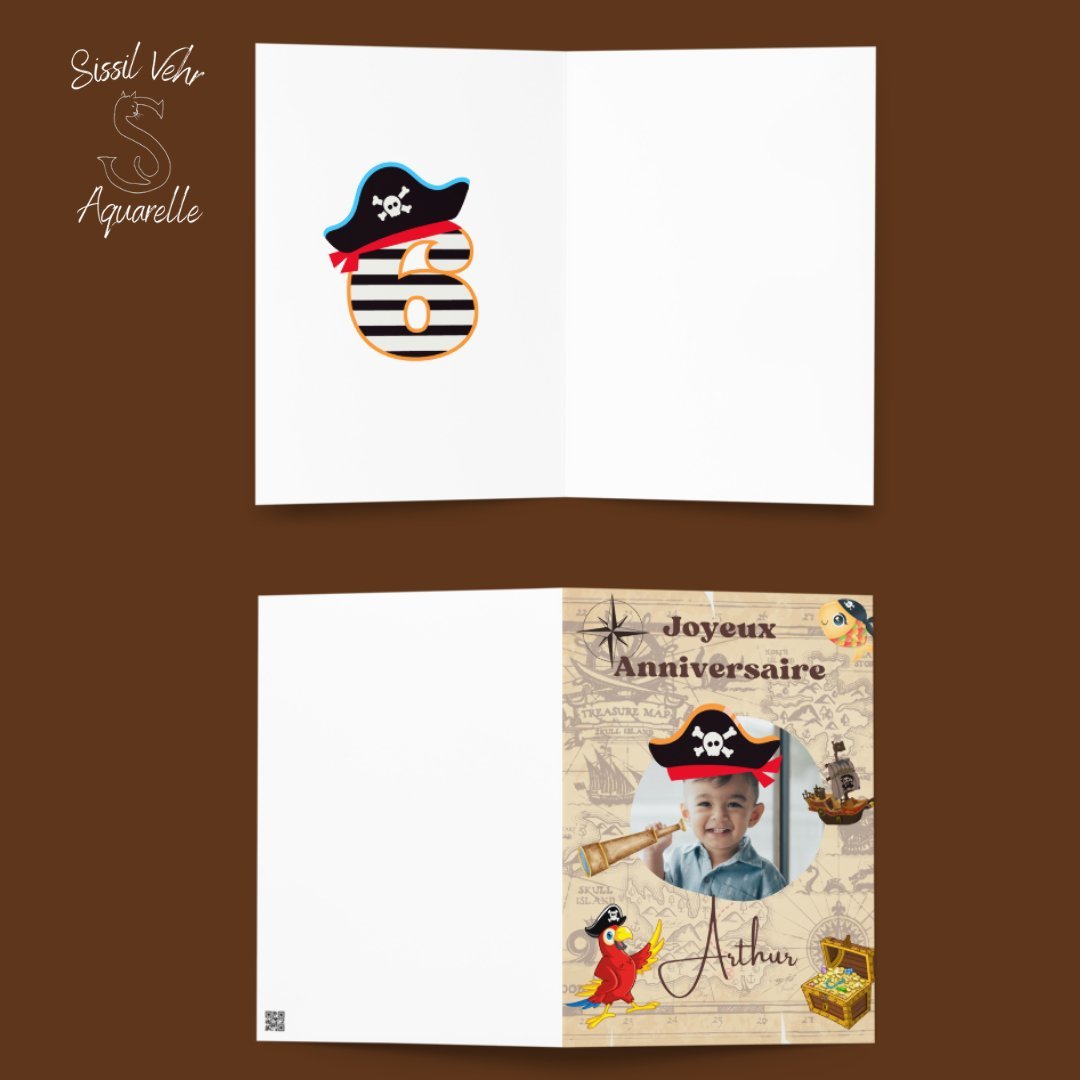 Carte anniversaire pirate - Personnalisable avec texte et photo - Enveloppe incluse - Disponible en 2 tailles - Sissil Vehr Aquarelle