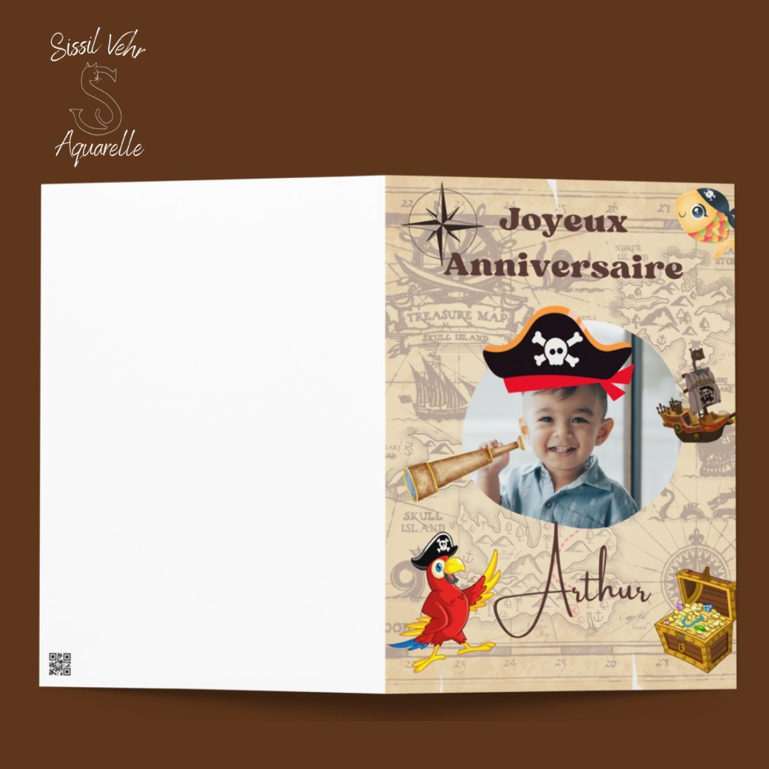 Carte anniversaire pirate - Personnalisable avec texte et photo - Enveloppe incluse - Disponible en 2 tailles - Sissil Vehr Aquarelle