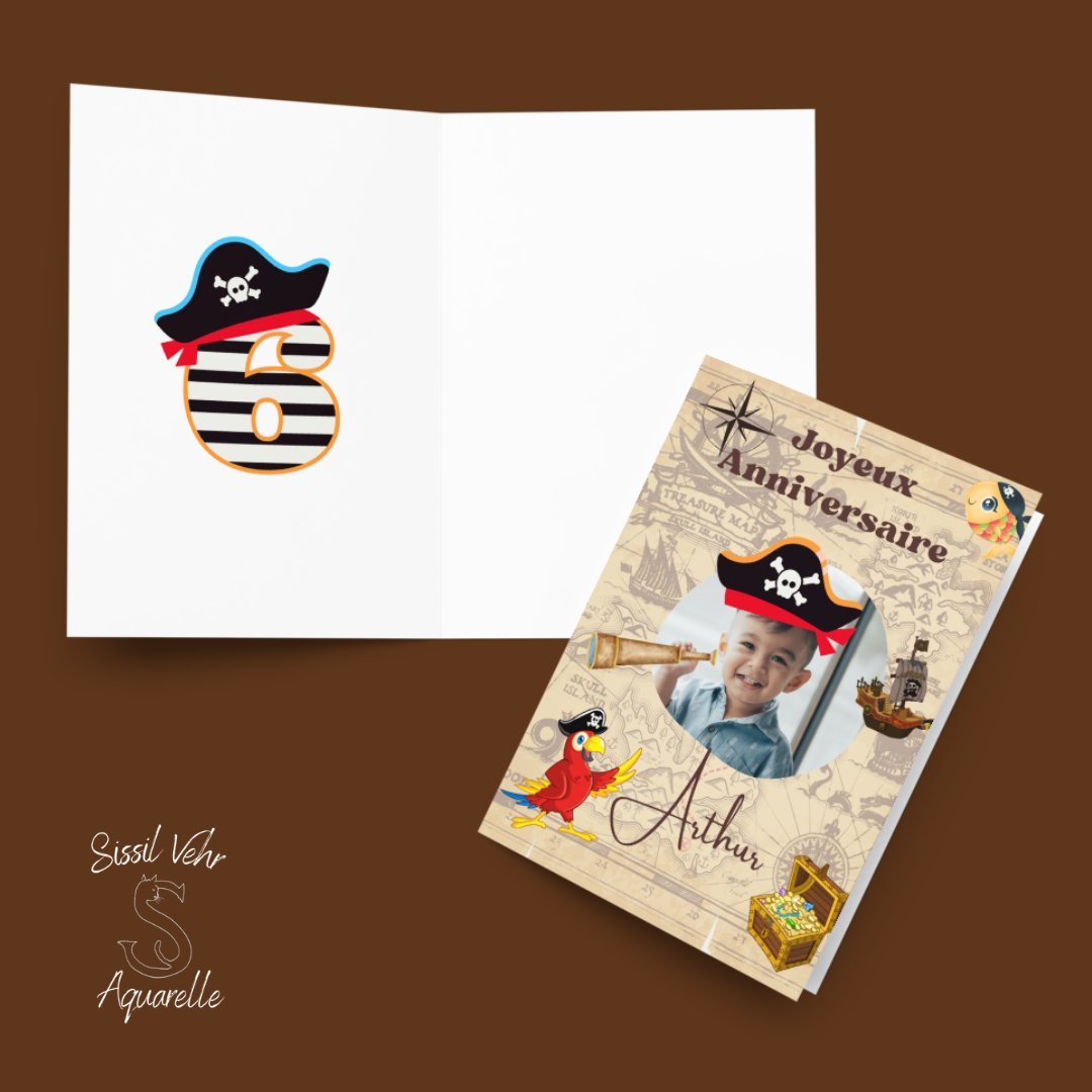 Carte anniversaire pirate - Personnalisable avec texte et photo - Enveloppe incluse - Disponible en 2 tailles - Sissil Vehr Aquarelle