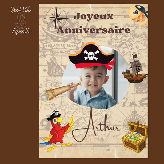 Carte anniversaire pirate - Personnalisable avec texte et photo - Enveloppe incluse - Disponible en 2 tailles - Sissil Vehr Aquarelle