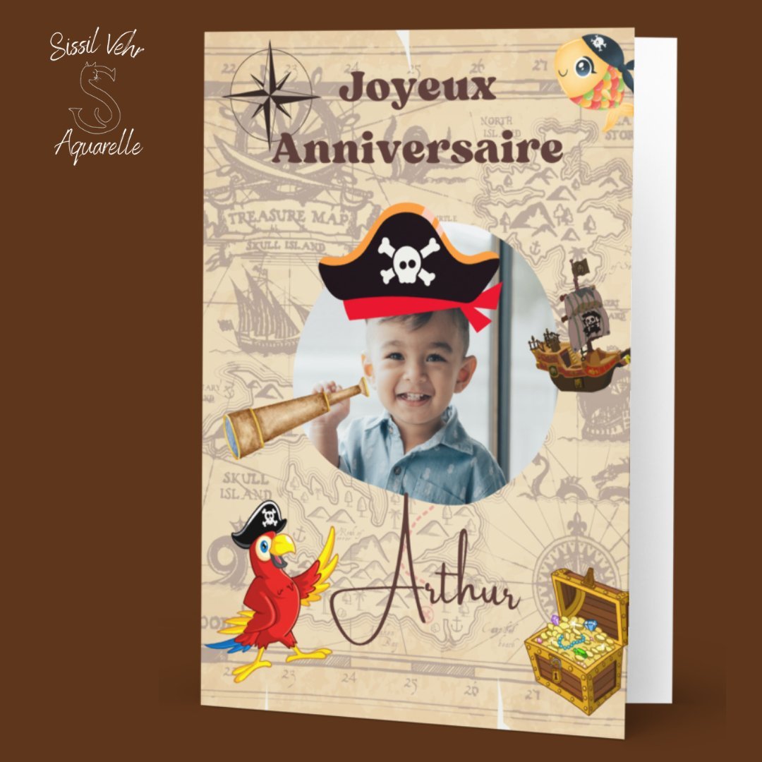 Carte anniversaire pirate - Personnalisable avec texte et photo - Enveloppe incluse - Disponible en 2 tailles - Sissil Vehr Aquarelle