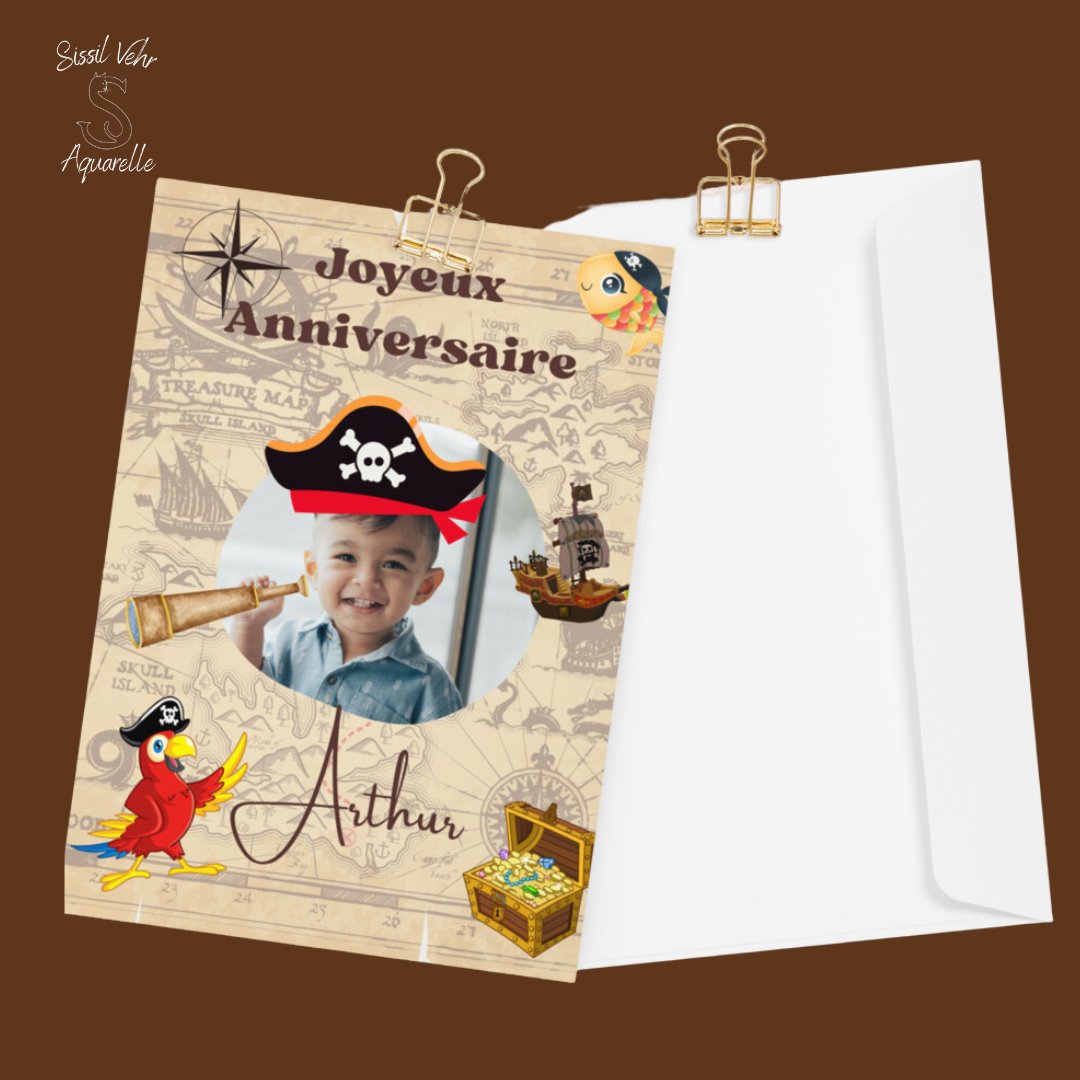 Carte anniversaire pirate - Personnalisable avec texte et photo - Enveloppe incluse - Disponible en 2 tailles - Sissil Vehr Aquarelle