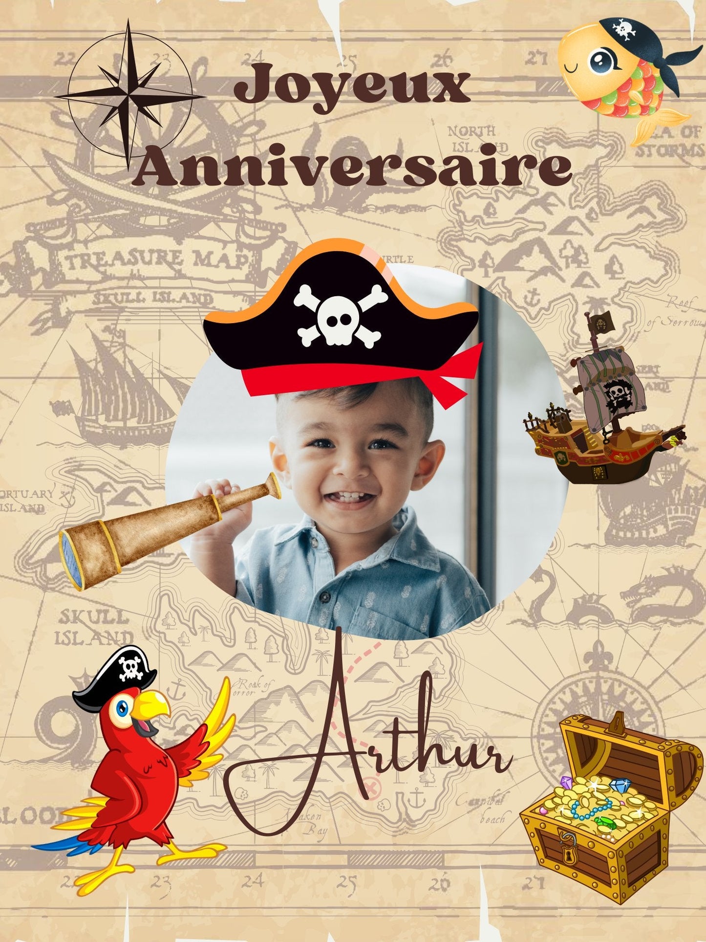 Carte anniversaire pirate - Personnalisable avec texte et photo - Enveloppe incluse - Disponible en 2 tailles - Sissil Vehr Aquarelle