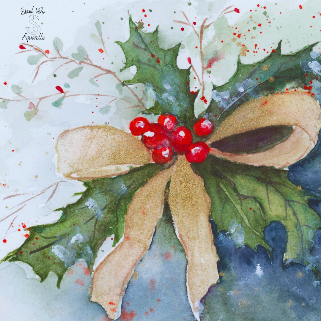 Cours Aquarelle : Carte de Vœux "Houx & Ruban Doré