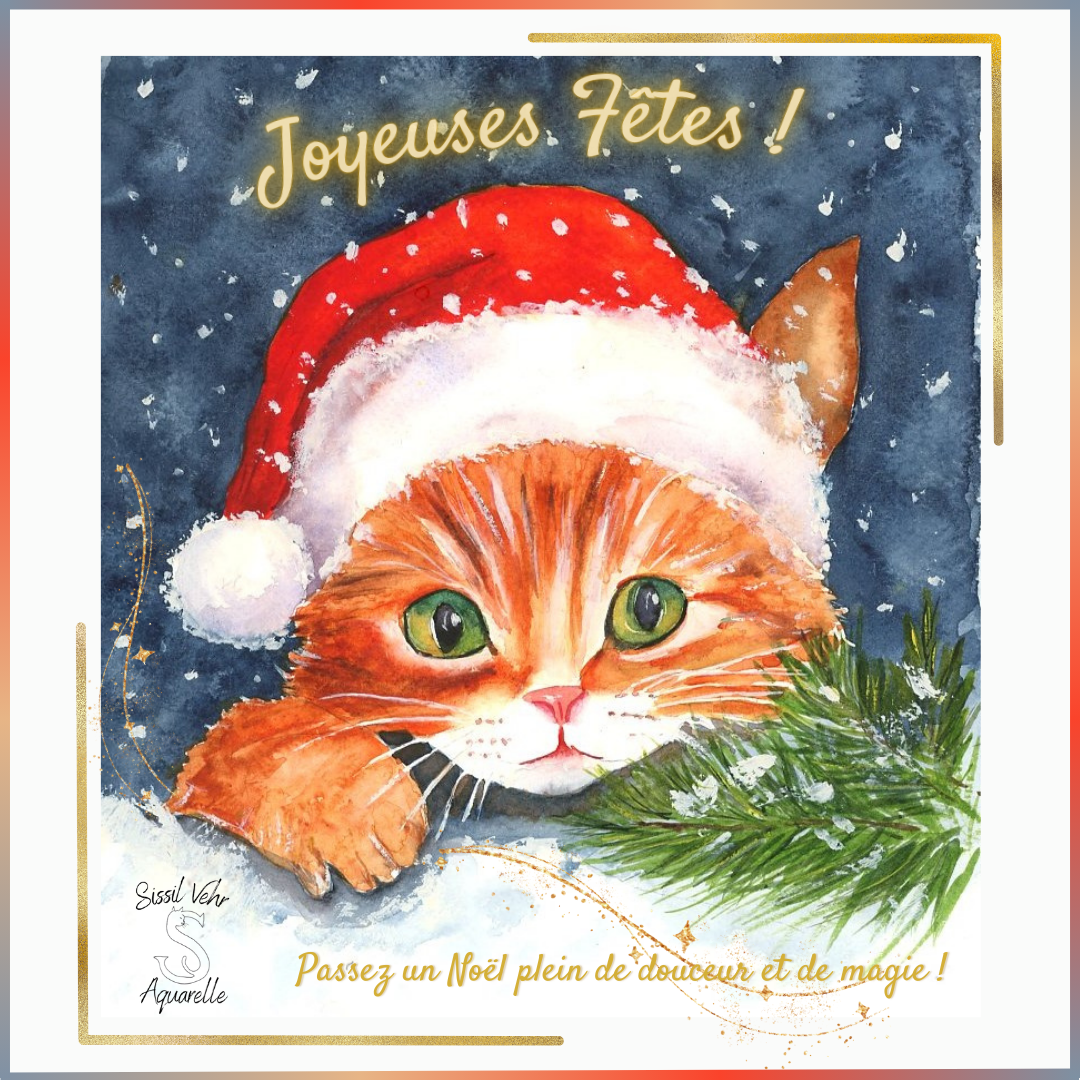 Aquarelle complète d'un chat de Noël au regard lumineux, avec bonnet rouge et pelage doux. Portrait animalier tendre pour carte de vœux.