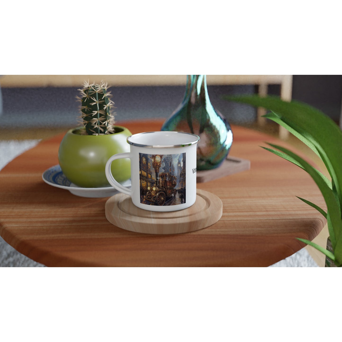 mug camping steampunk avec un véhicule steampunk  et des motifs victoriennes dans les rues de londres  à l époque victorienne. Personnalisable