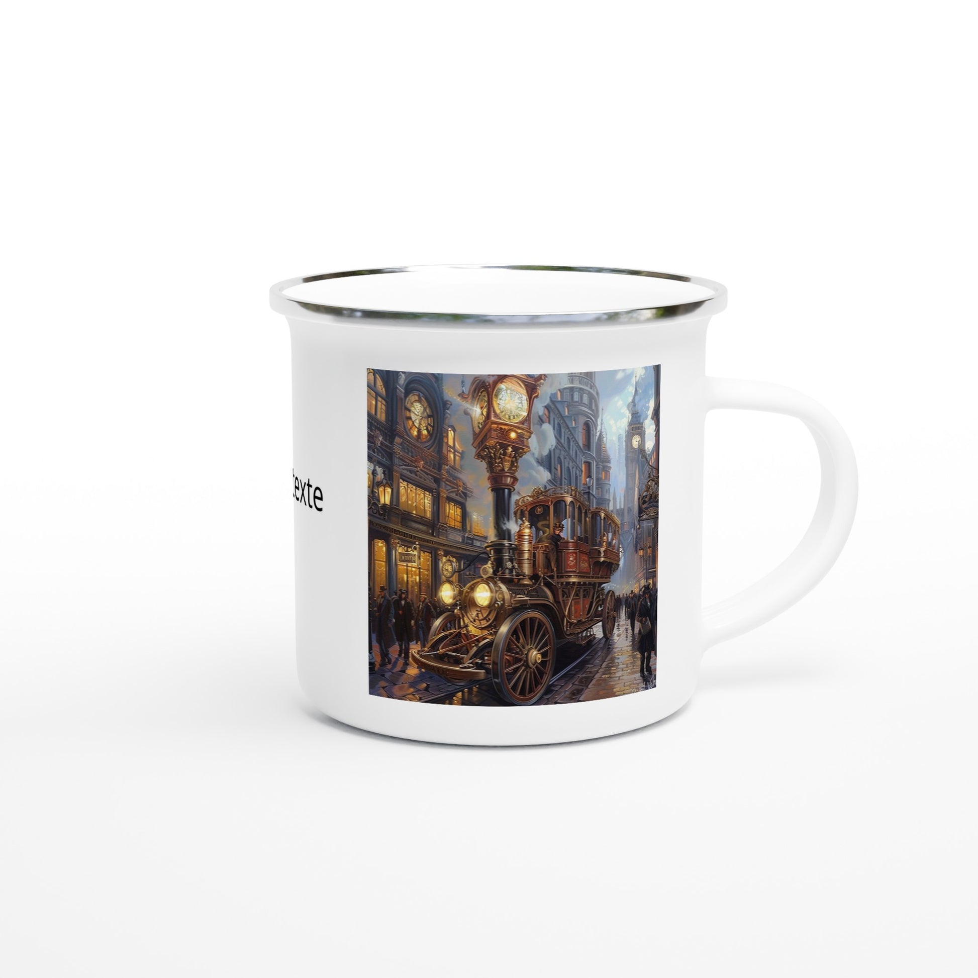 mug camping steampunk avec un véhicule steampunk  et des motifs victoriennes dans les rues de londres  à l époque victorienne. Personnalisable