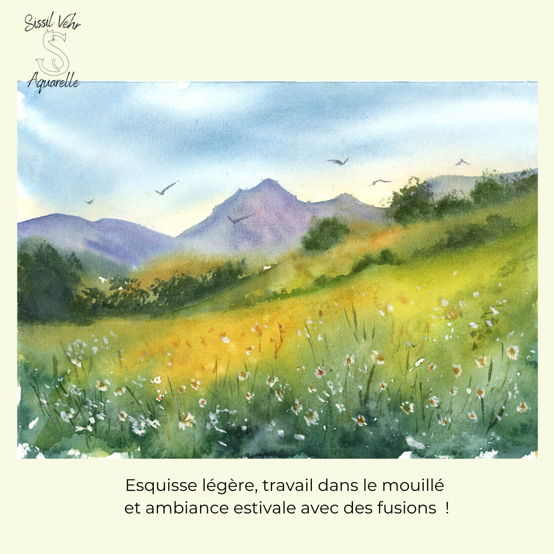 Cours Aquarelle -A fleurs de collines- Tutoriel Vidéo Pas à Pas (44mn) téléchargeable