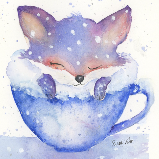 Illustration aquarelle d'un petit renard endormi dans une tasse à café bleue, motifs neigeux blancs, peinture carte de vœux facile, projet aquarelle cocooning