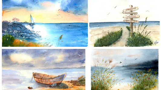 Parcours de 4 cours vidéo d'aquarelle par Sissil Vehr : paysages marins, bords de mer et techniques de fondus. Formation complète pour apprendre à peindre l'eau et la lumière.