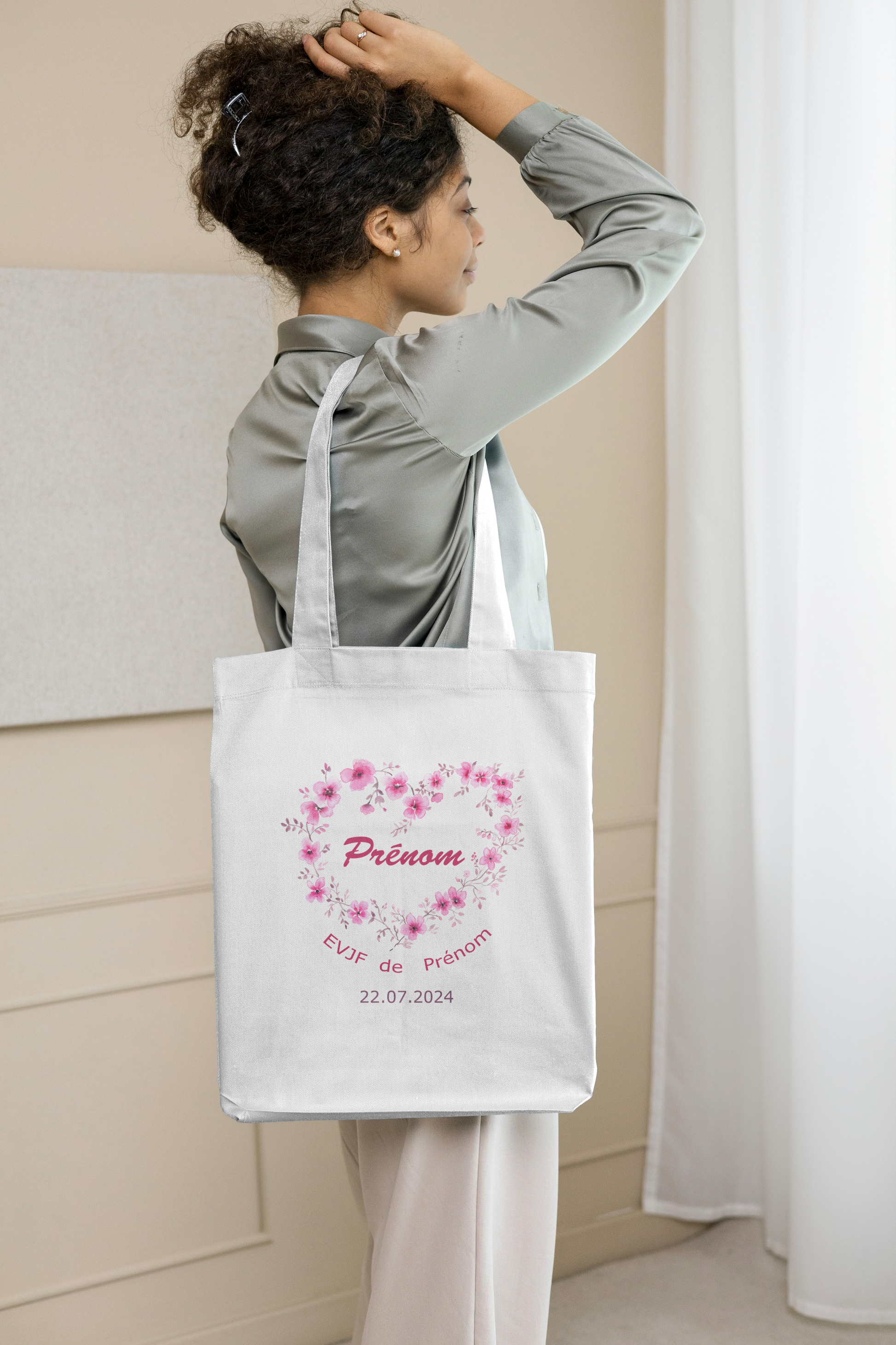 Tote bag / Sac Fourre tout EVJF personnalisé Coeur fleurs coton , Tote bag EVJF, Tote bag témoin, Team de la mariée