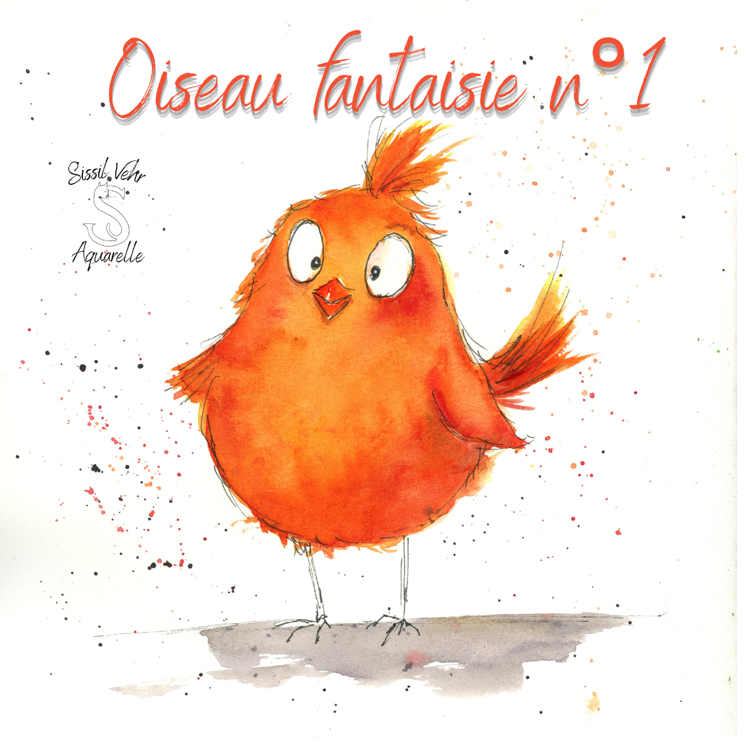 Oiseau Fantaisie n°1  Lilou en aquarelle, orange, œil grand ouvert, style mignon et expressif.