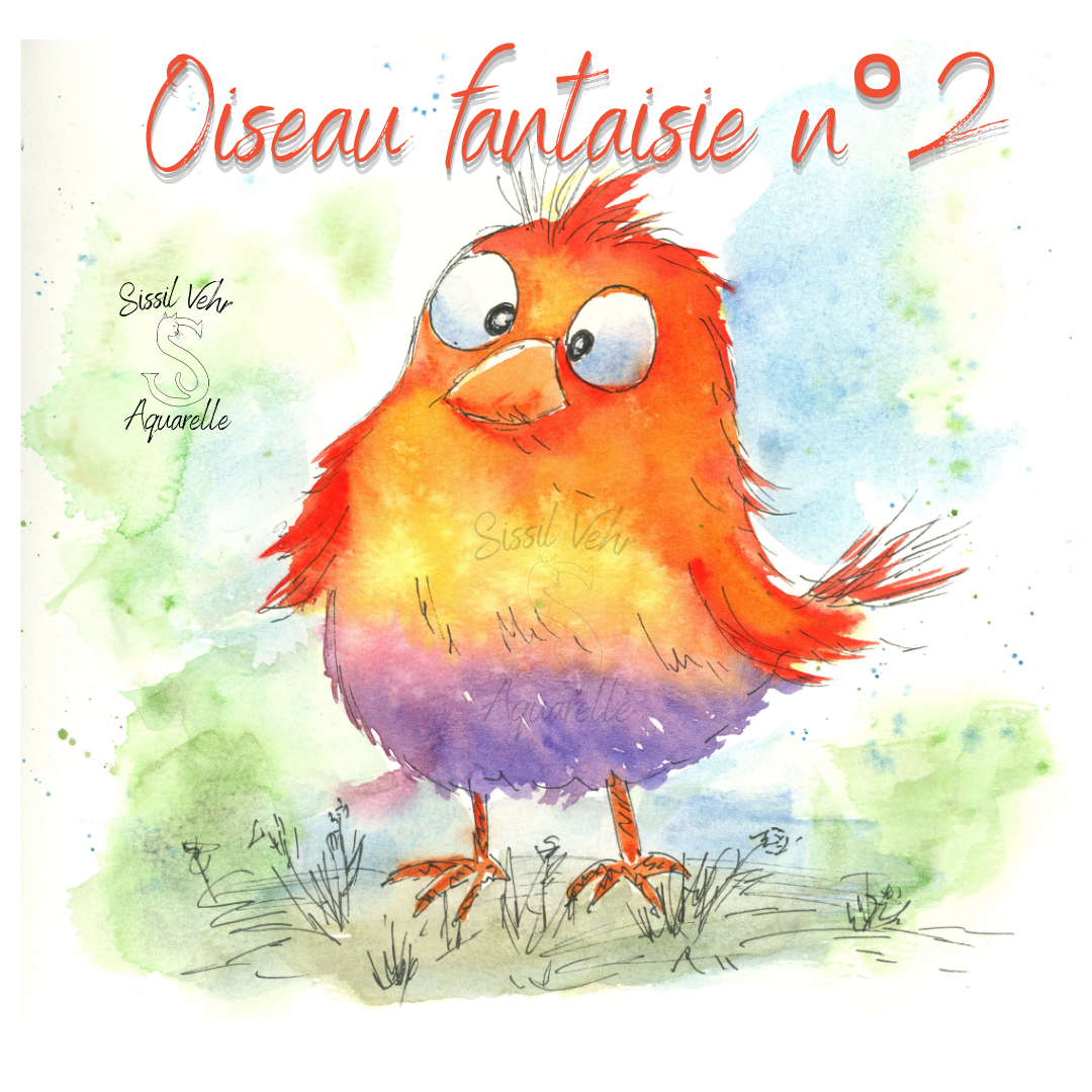 Oiseau Fantaisie n°2 Foufou en aquarelle, couleurs dégradées orange et violet, illustration pleine de vie et de douceur.