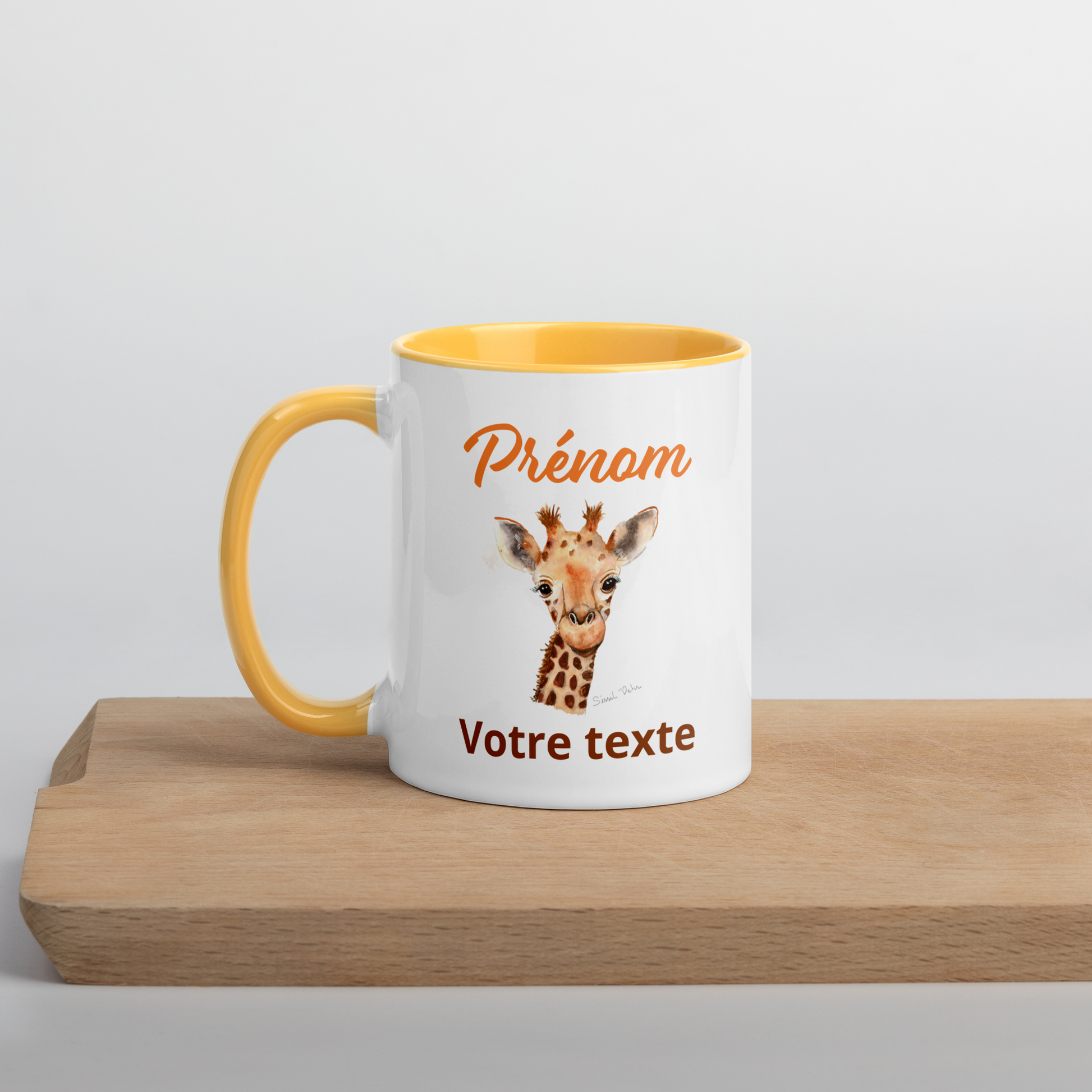 Mug en céramique personnalisé avec girafe peinte à l'aquarelle - Poignée et intérieur colorés - Idéal pour enfant