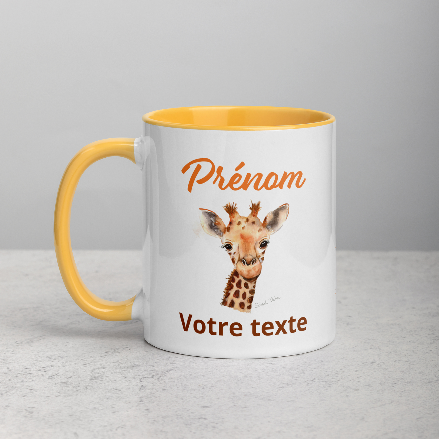 Mug en céramique personnalisé avec girafe peinte à l'aquarelle - Poignée et intérieur colorés - Idéal pour enfant