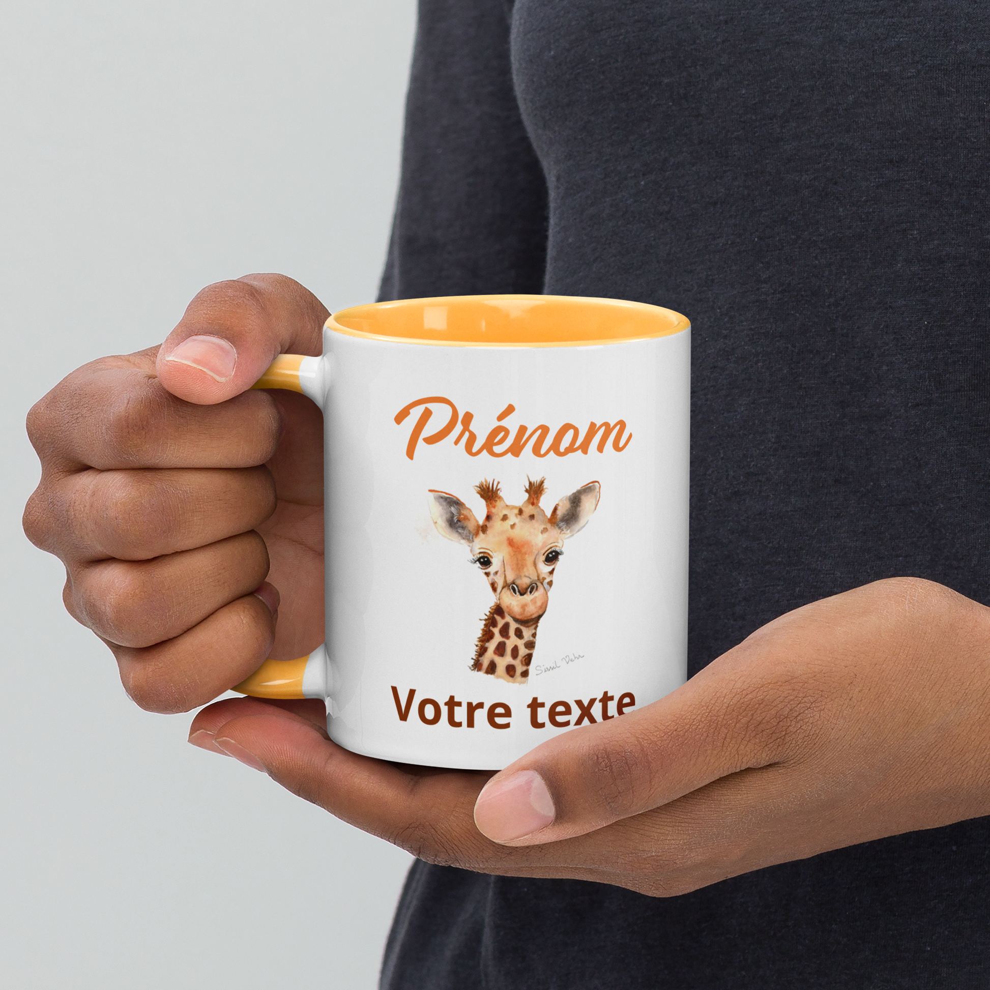 Mug en céramique personnalisé avec girafe peinte à l'aquarelle - Poignée et intérieur colorés - Idéal pour enfant