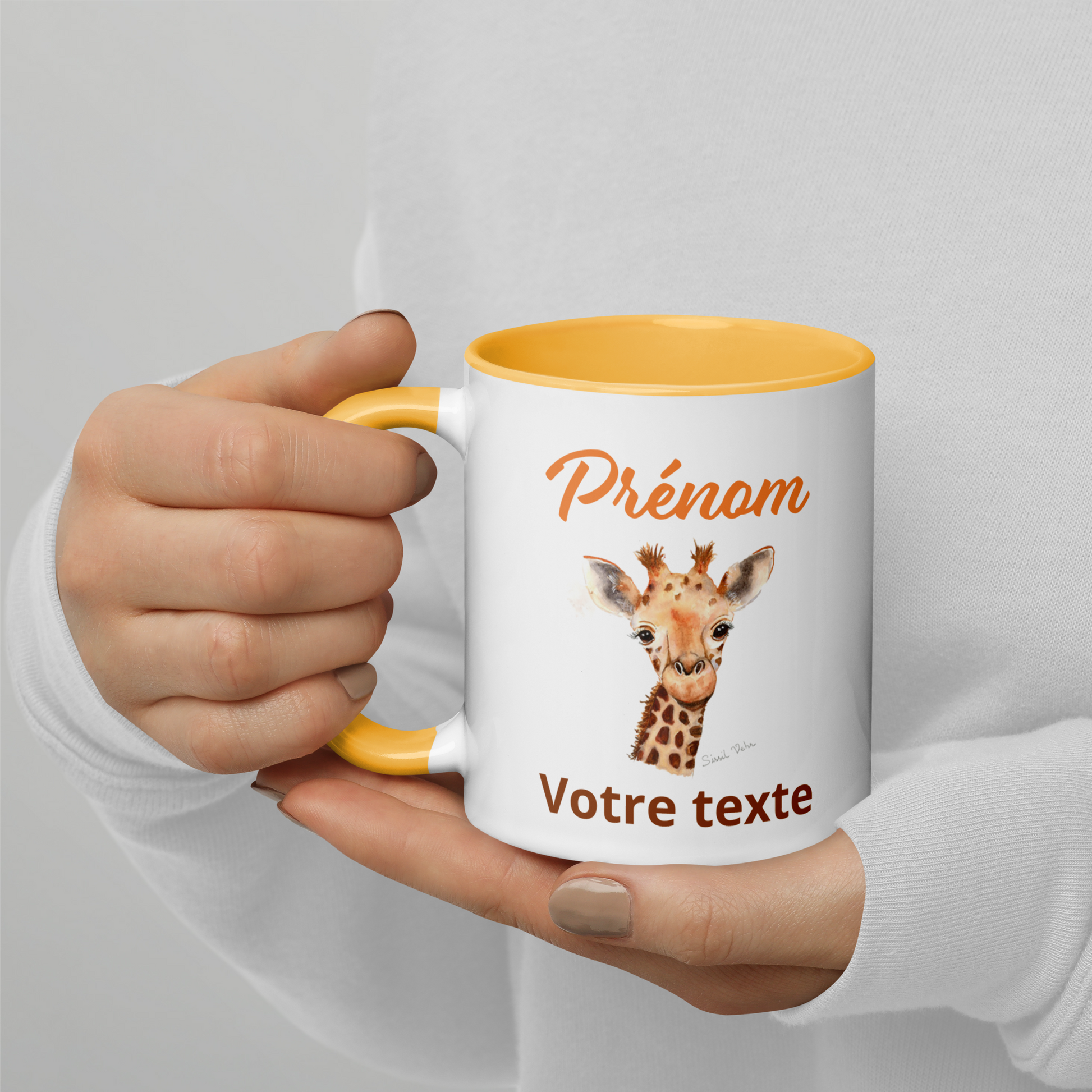 Mug en céramique personnalisé avec girafe peinte à l'aquarelle - Poignée et intérieur colorés - Idéal pour enfant