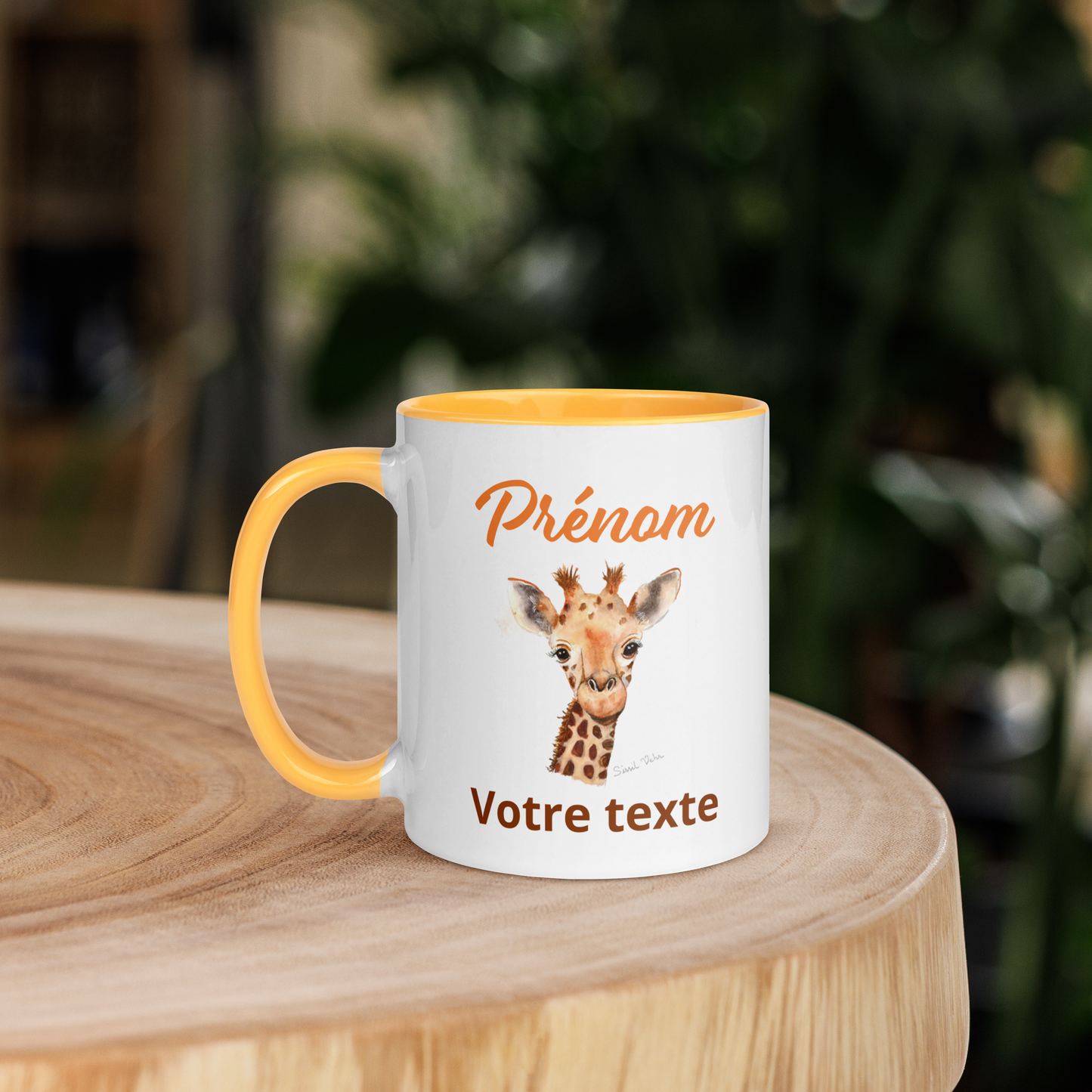 Mug en céramique personnalisé avec girafe peinte à l'aquarelle - Poignée et intérieur colorés - Idéal pour enfant