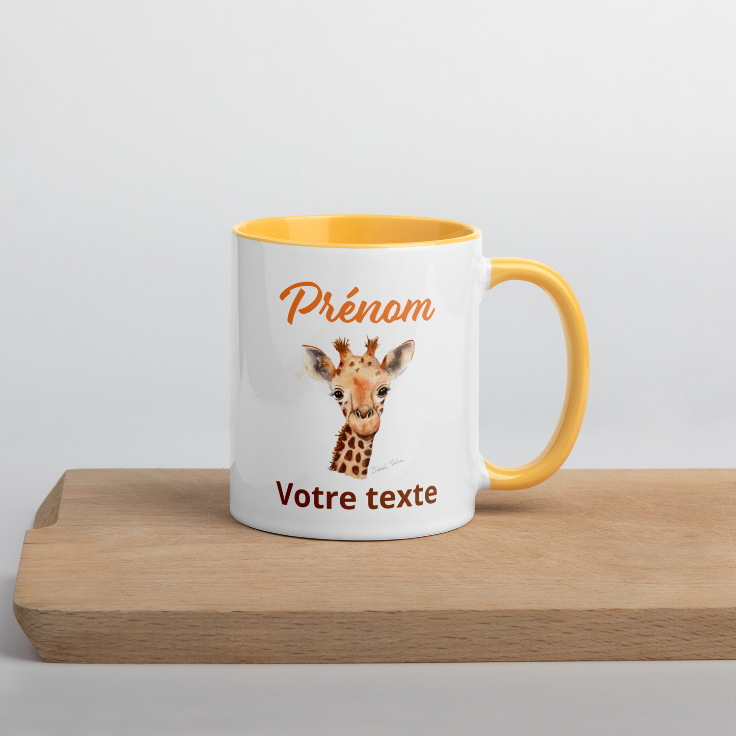 Mug en céramique personnalisé avec girafe peinte à l'aquarelle - Poignée et intérieur colorés - Idéal pour enfant