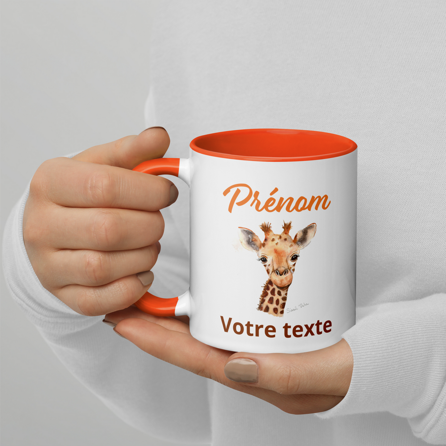 Mug en céramique personnalisé avec girafe peinte à l'aquarelle - Poignée et intérieur colorés - Idéal pour enfant