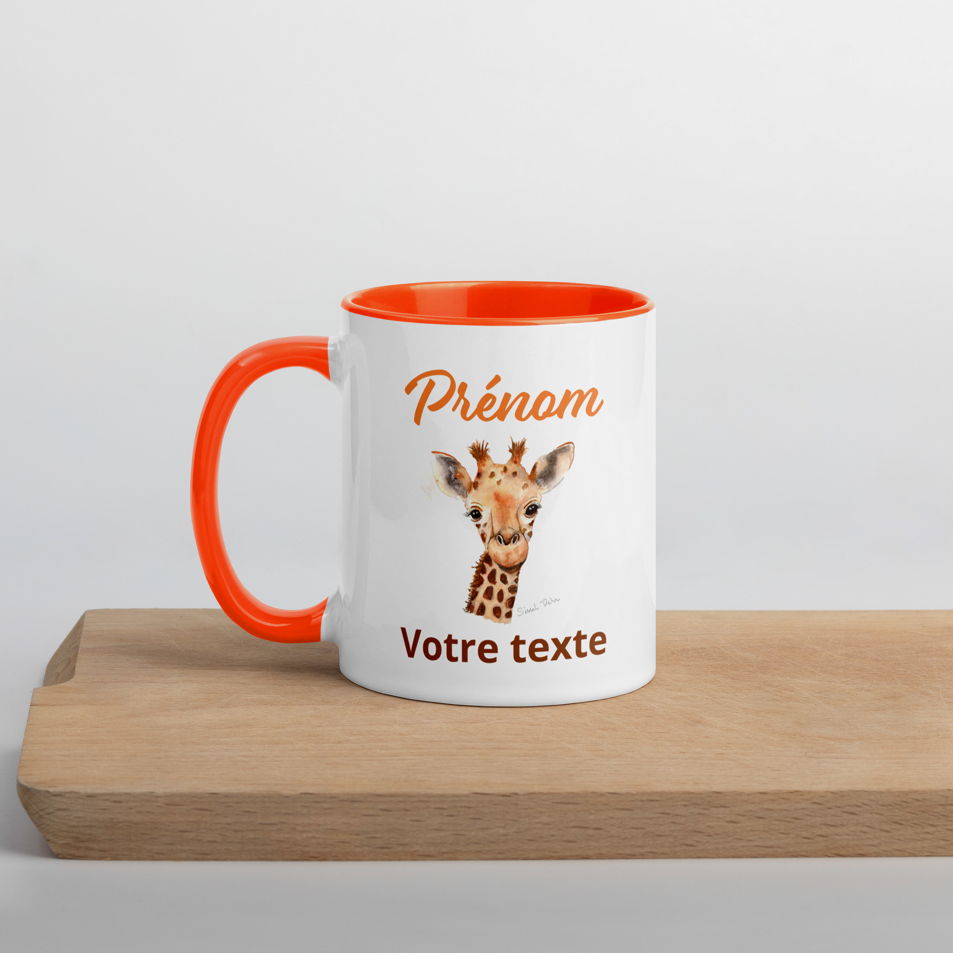 Mug en céramique personnalisé avec girafe peinte à l'aquarelle - Poignée et intérieur colorés - Idéal pour enfant