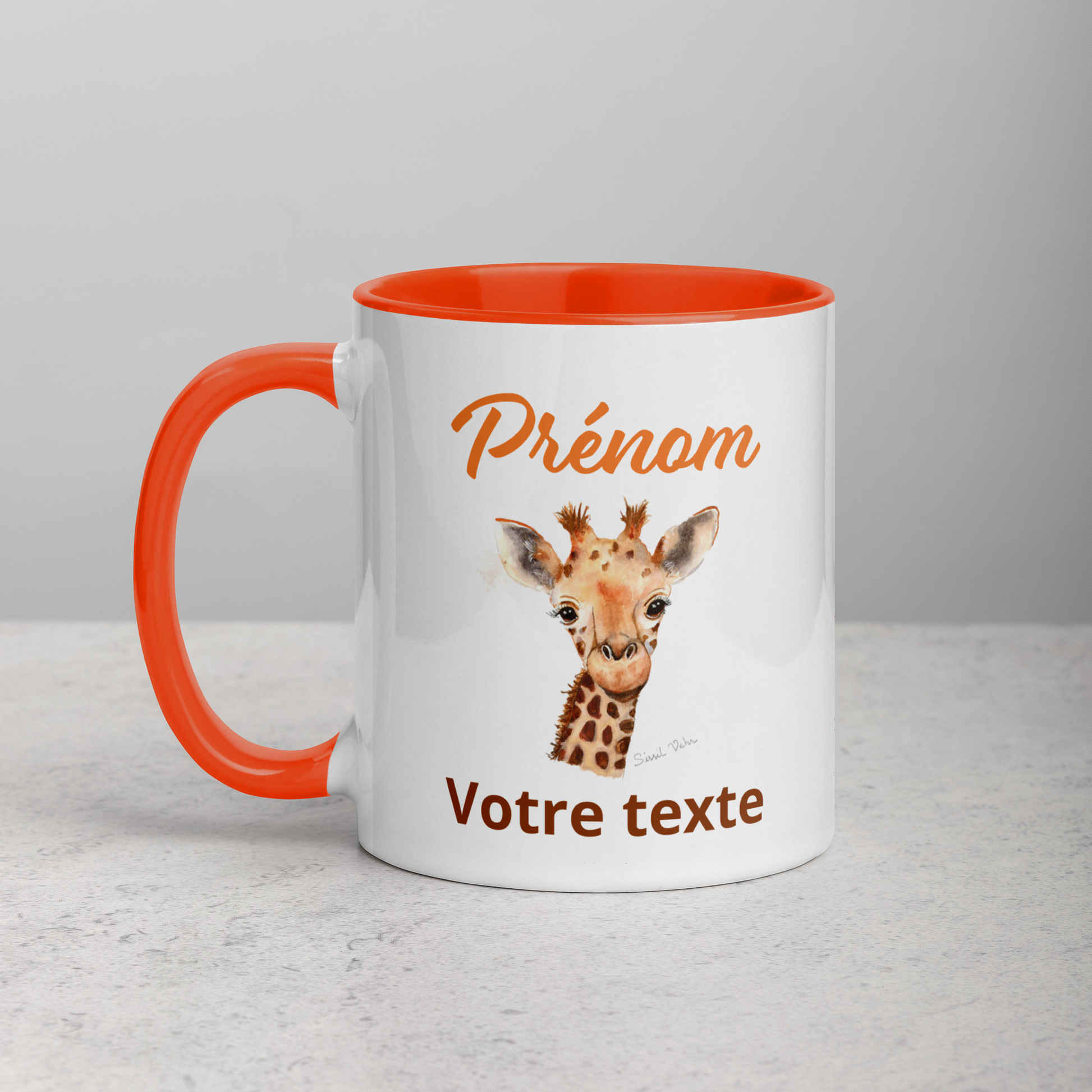 Mug en céramique personnalisé avec girafe peinte à l'aquarelle - Poignée et intérieur colorés - Idéal pour enfant