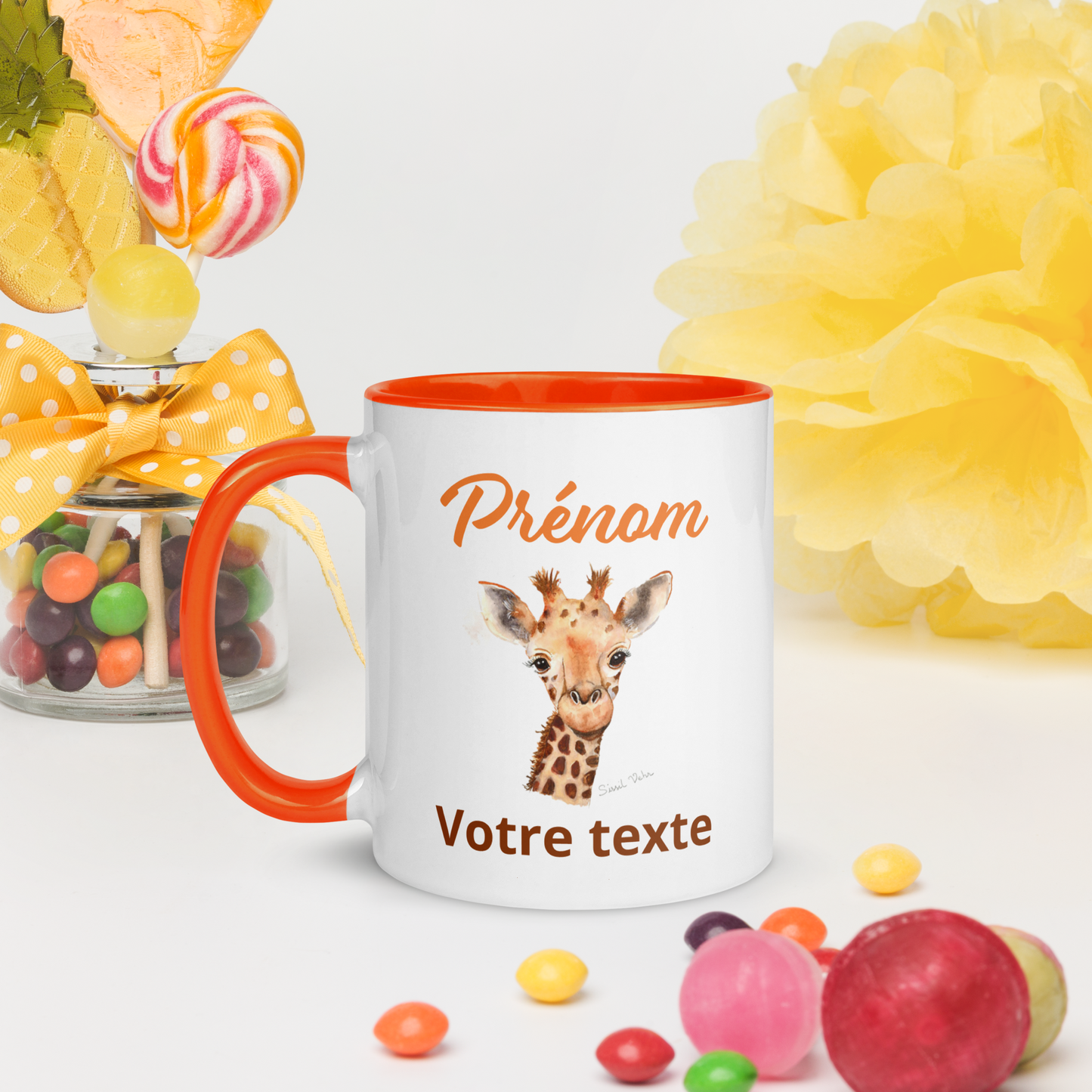 Mug en céramique personnalisé avec girafe peinte à l'aquarelle - Poignée et intérieur colorés - Idéal pour enfant