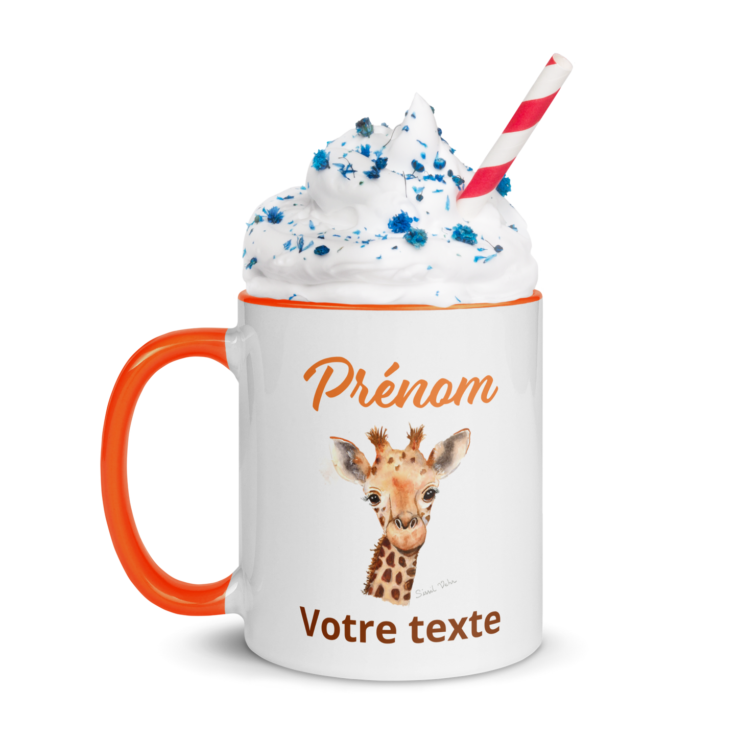 Mug en céramique personnalisé avec girafe peinte à l'aquarelle - Poignée et intérieur colorés - Idéal pour enfant