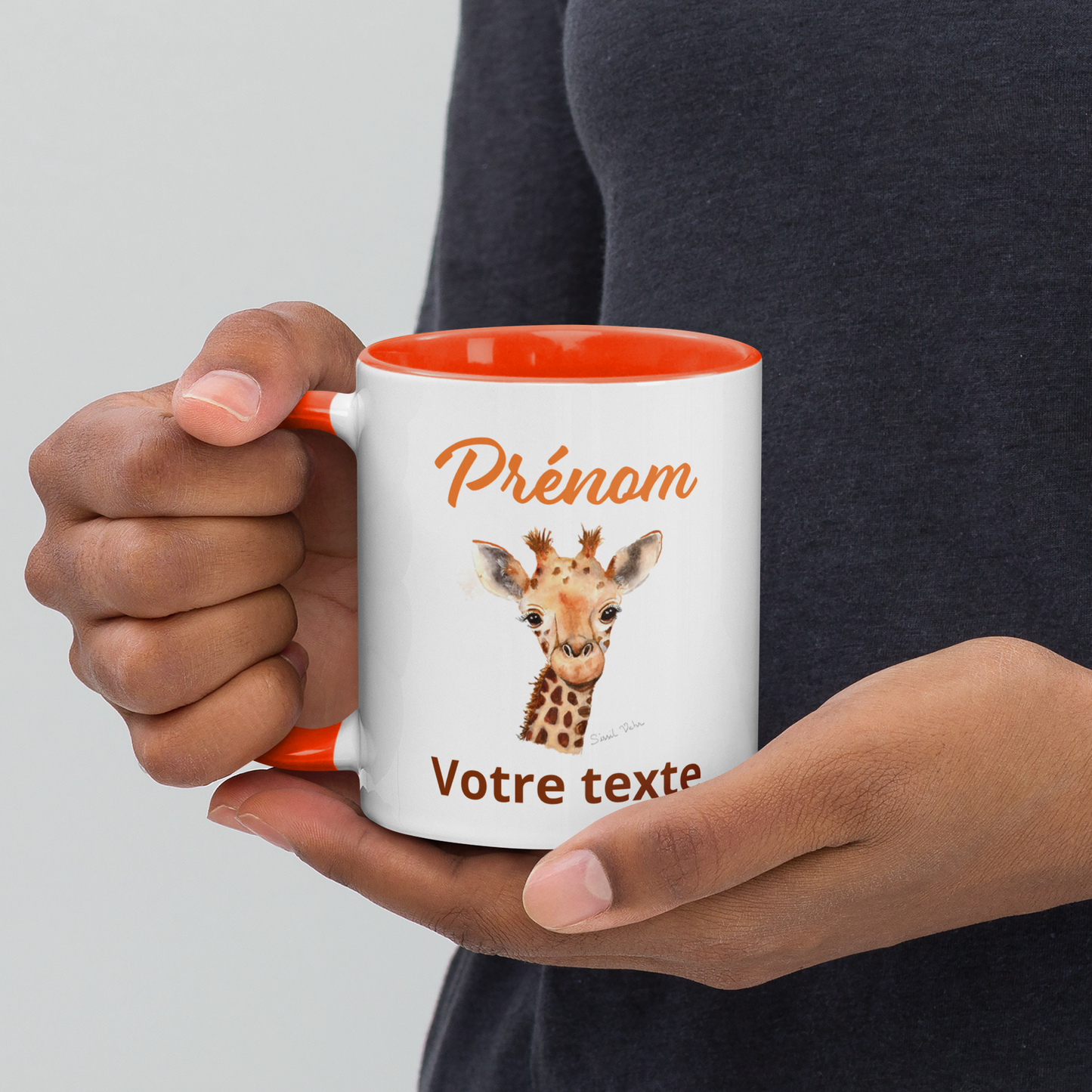 Mug en céramique personnalisé avec girafe peinte à l'aquarelle - Poignée et intérieur colorés - Idéal pour enfant