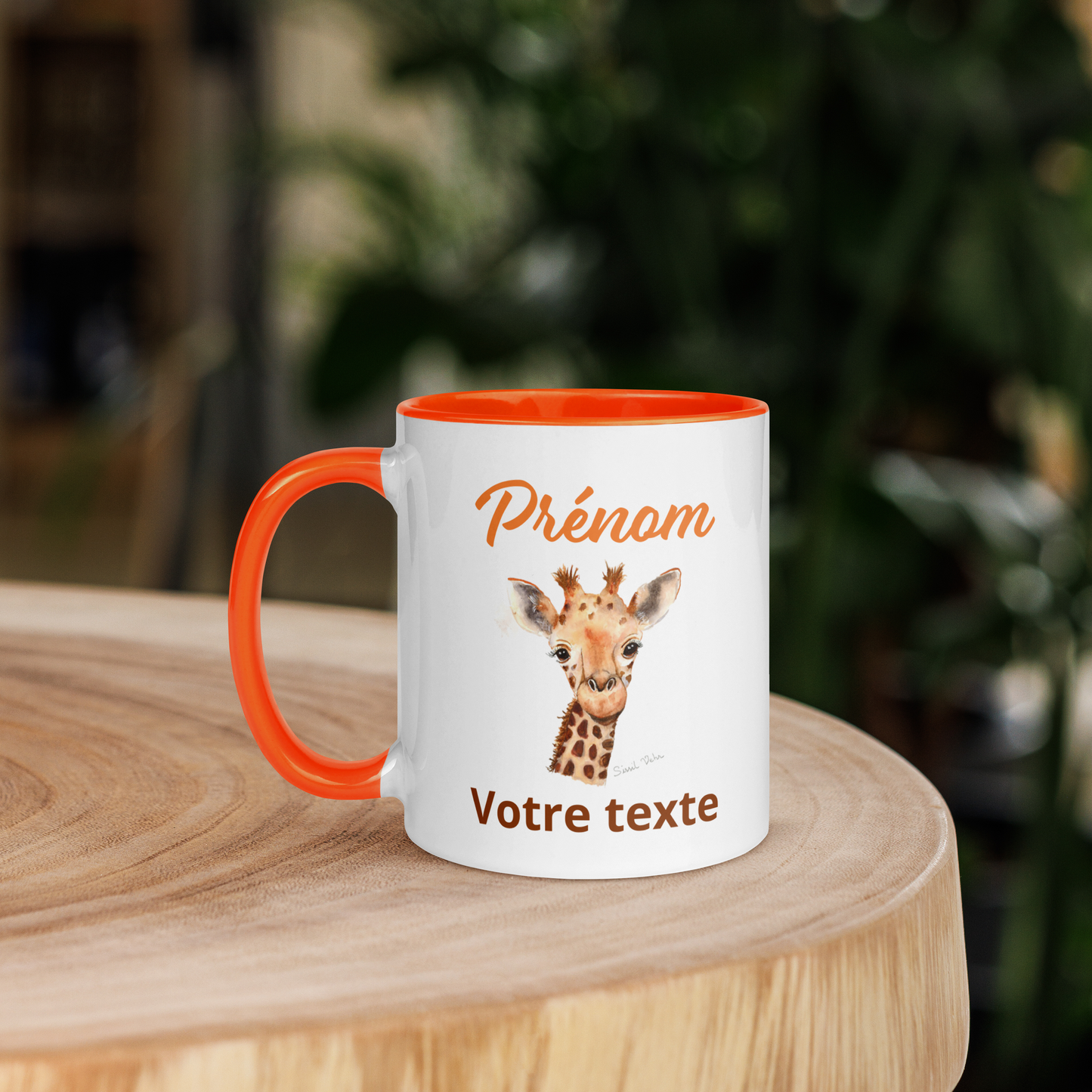 Mug en céramique personnalisé avec girafe peinte à l'aquarelle - Poignée et intérieur colorés - Idéal pour enfant