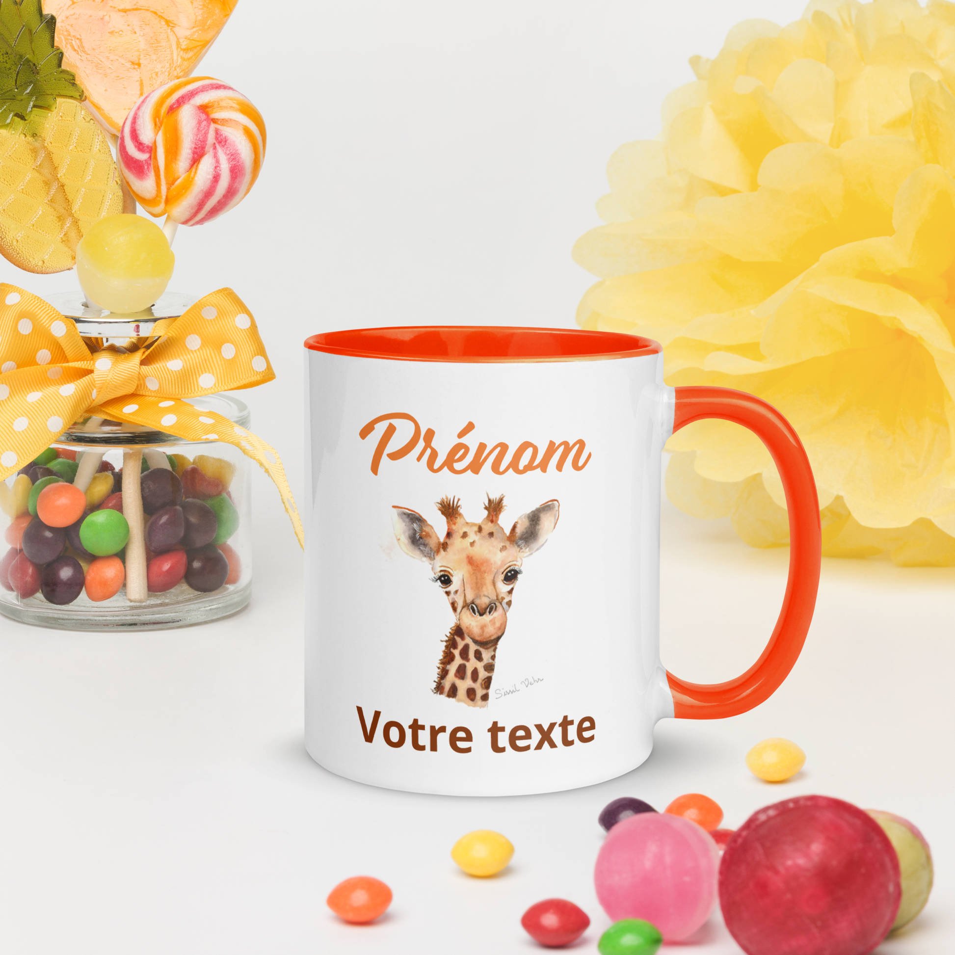 Mug en céramique personnalisé avec girafe peinte à l'aquarelle - Poignée et intérieur colorés - Idéal pour enfant