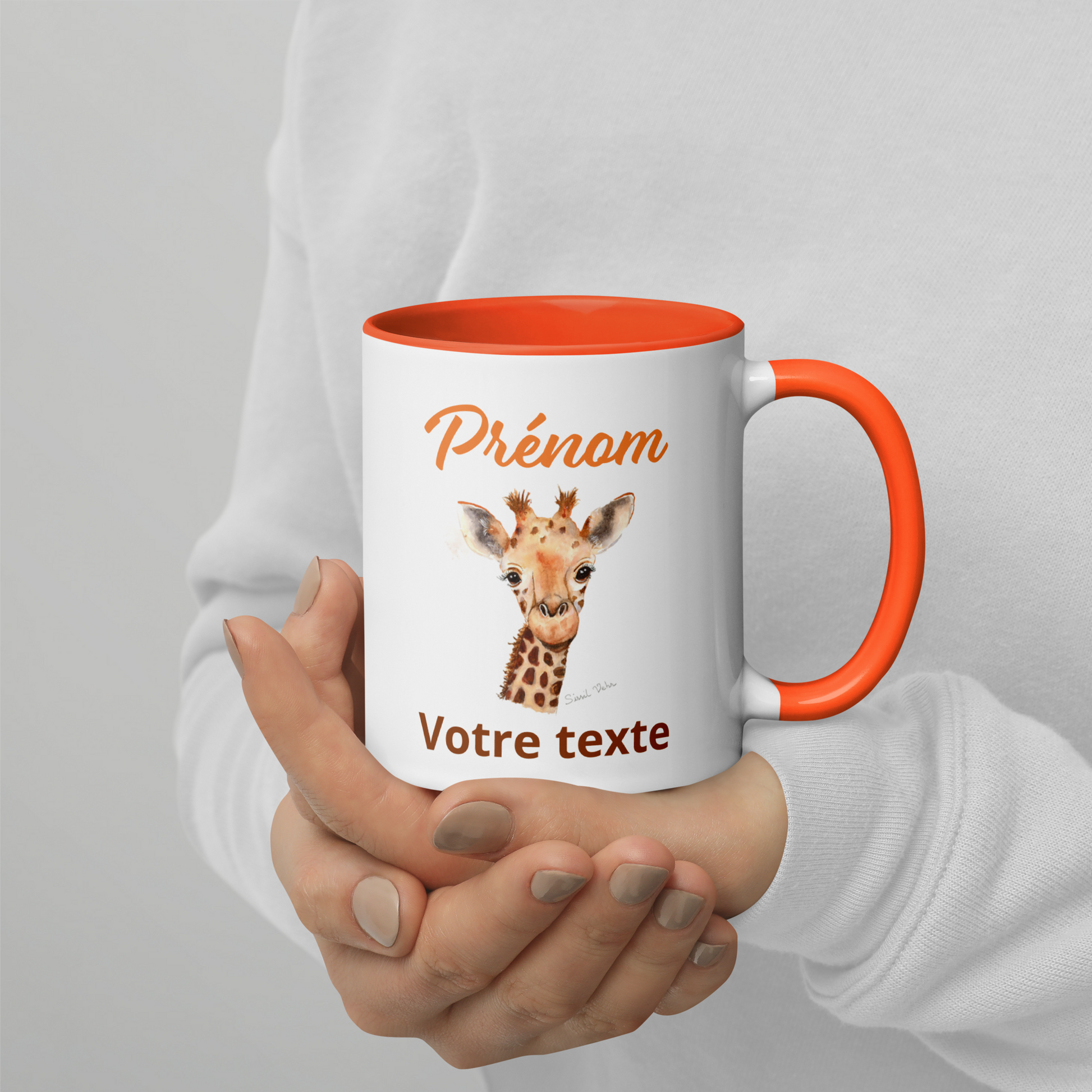 Mug en céramique personnalisé avec girafe peinte à l'aquarelle - Poignée et intérieur colorés - Idéal pour enfant