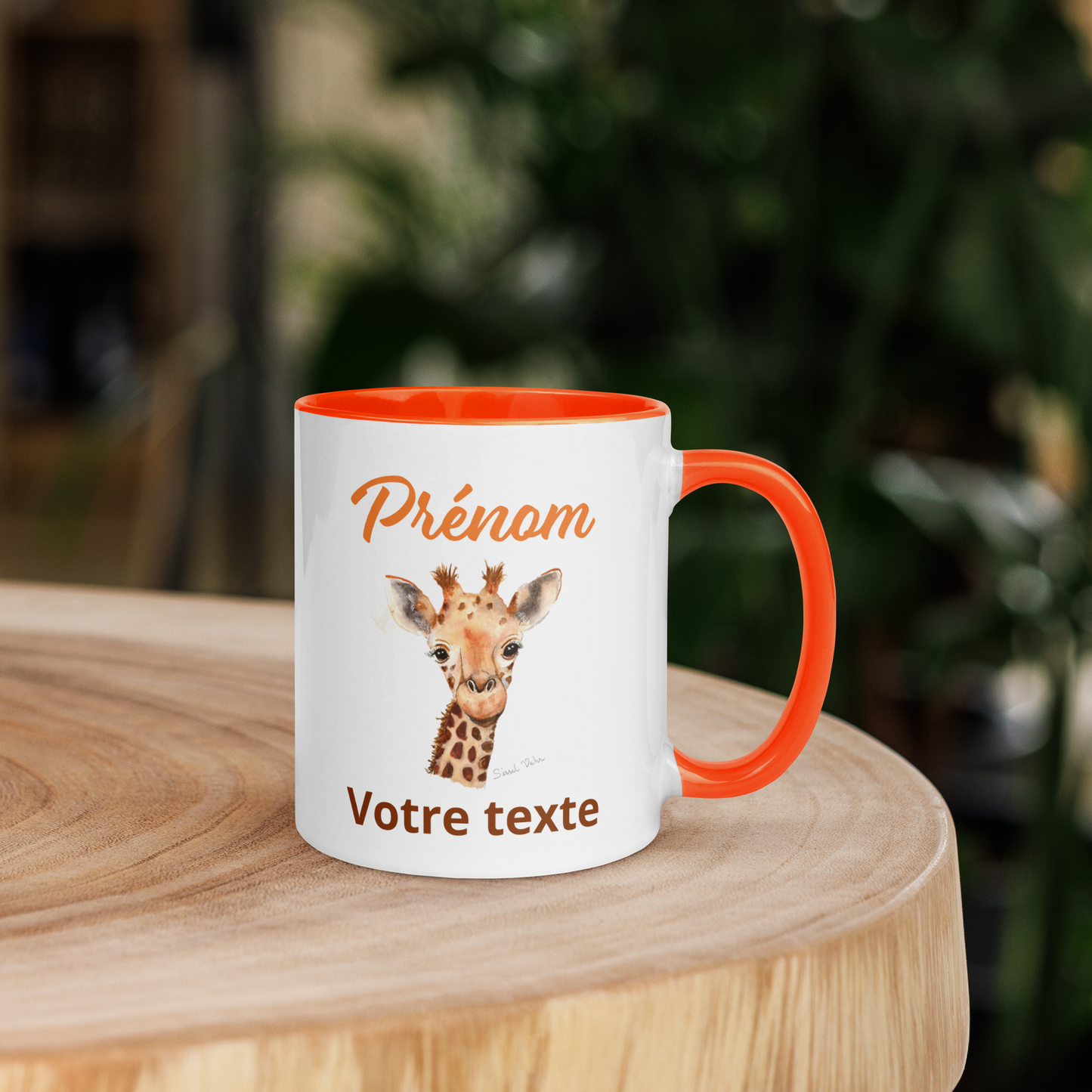 Mug en céramique personnalisé avec girafe peinte à l'aquarelle - Poignée et intérieur colorés - Idéal pour enfant