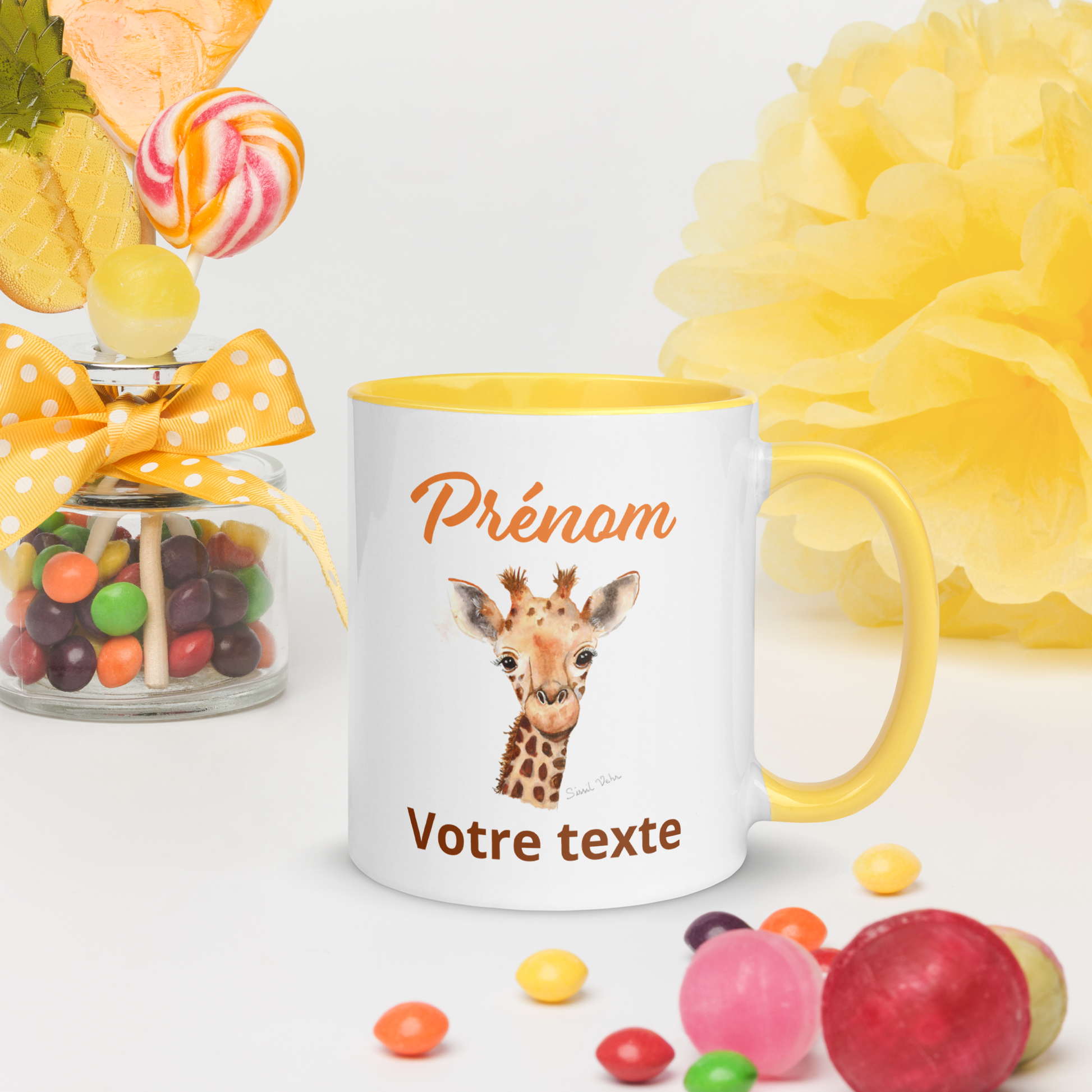 Mug en céramique personnalisé avec girafe peinte à l'aquarelle - Poignée et intérieur colorés - Idéal pour enfant