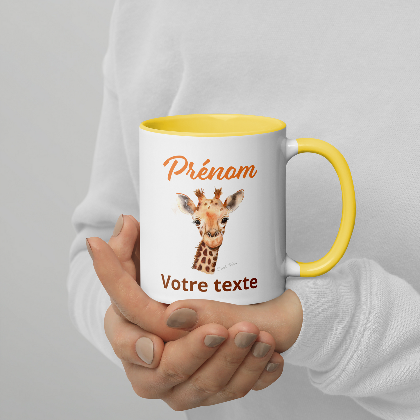 Mug en céramique personnalisé avec girafe peinte à l'aquarelle - Poignée et intérieur colorés - Idéal pour enfant