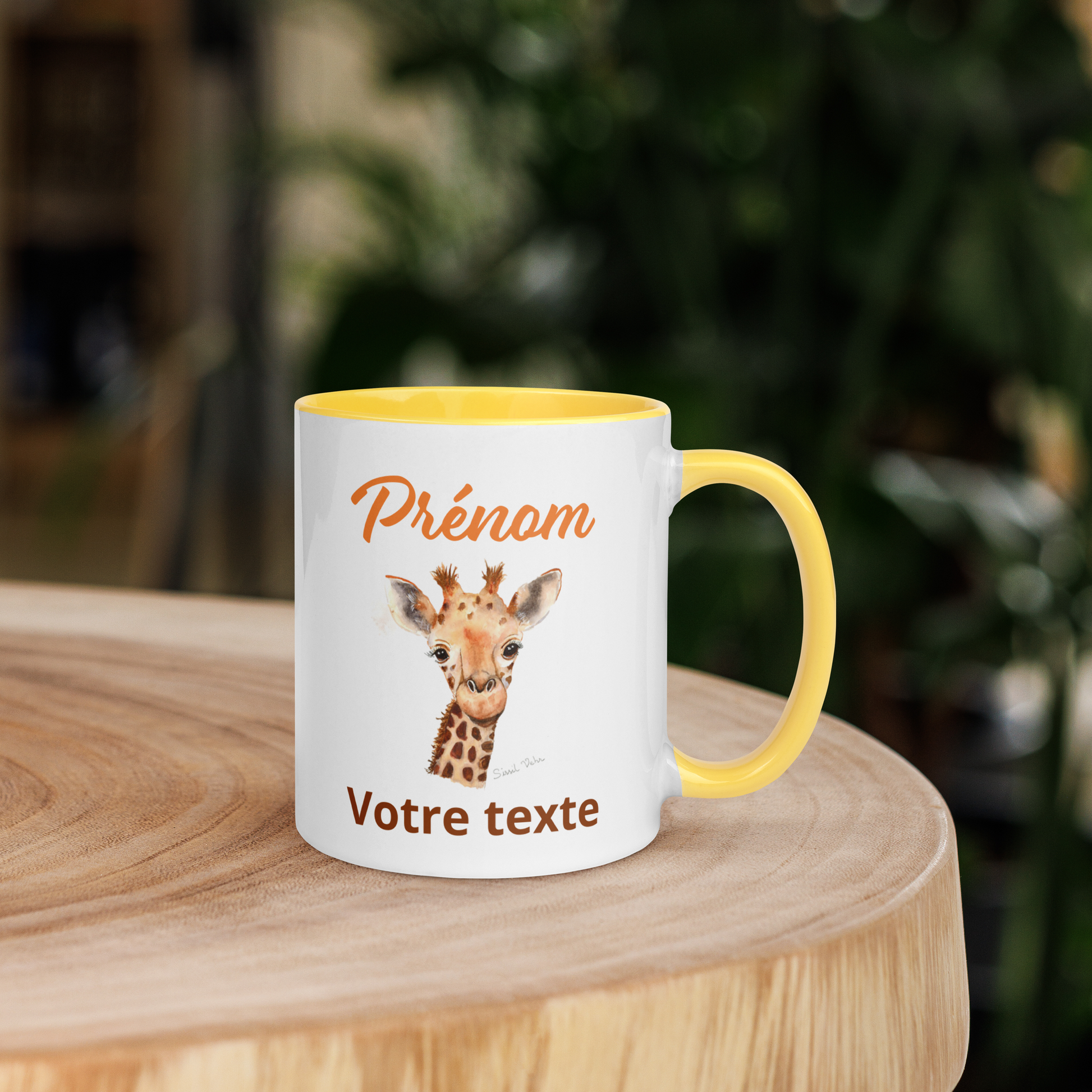 Mug en céramique personnalisé avec girafe peinte à l'aquarelle - Poignée et intérieur colorés - Idéal pour enfant