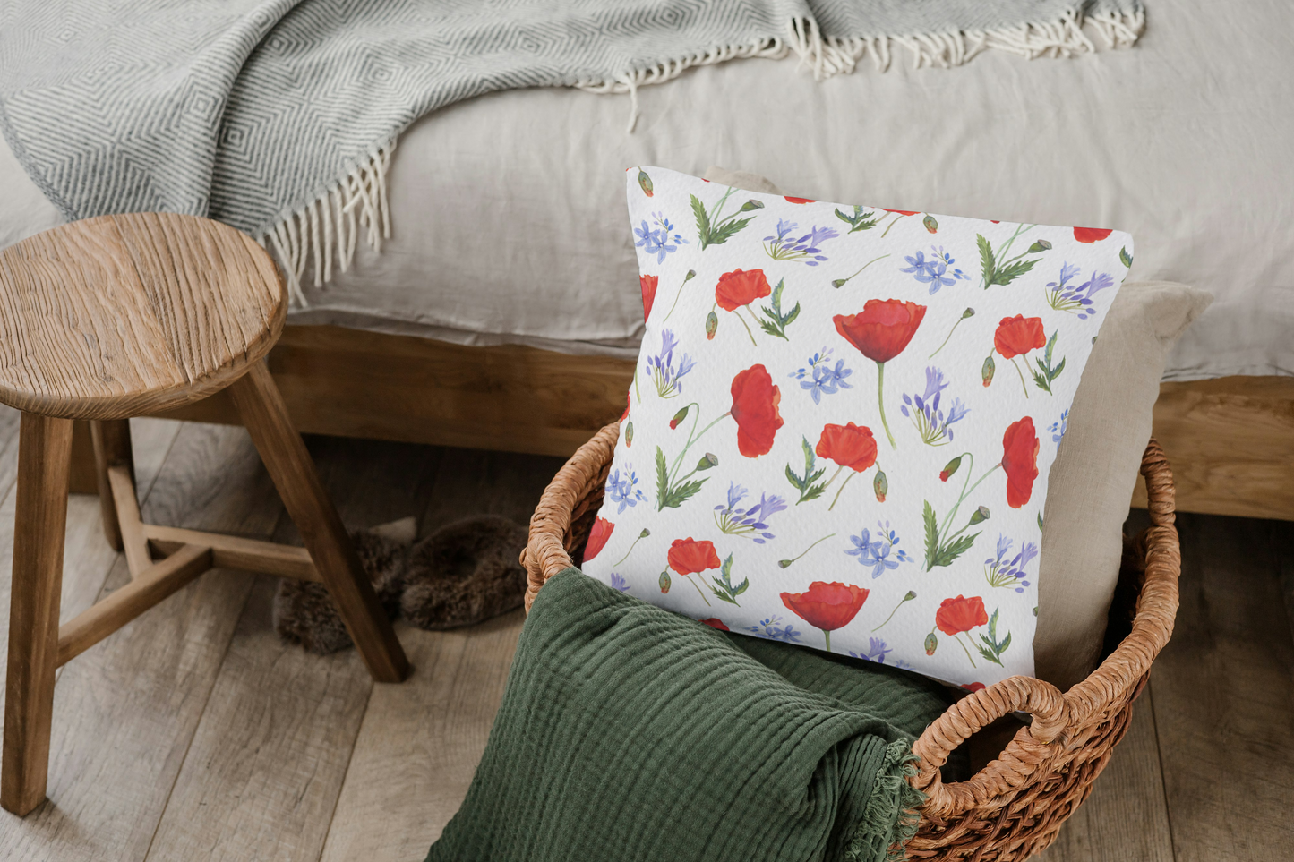 Coussin d'extérieur coquelicots, impression d'aquarelle, tissu résistant aux UV - Décoration estivale