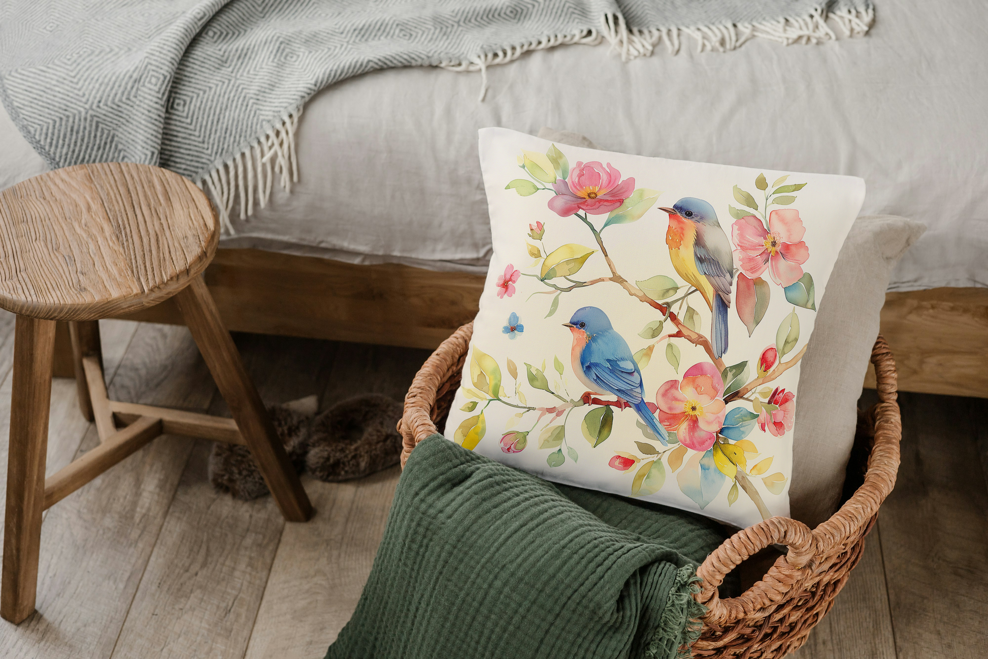 Coussin d'extérieur motif oiseaux et fleurs - Impression d'aquarelle sur tissu résistant aux UV