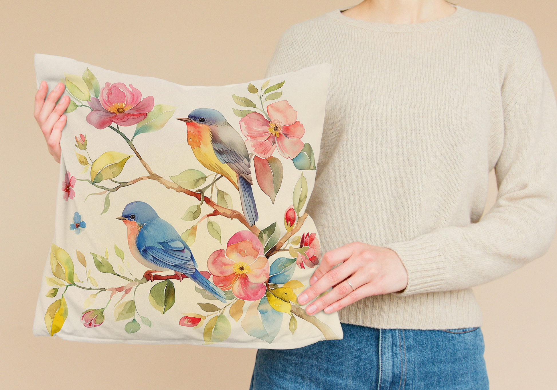 Coussin d'extérieur motif oiseaux et fleurs - Impression d'aquarelle sur tissu résistant aux UV